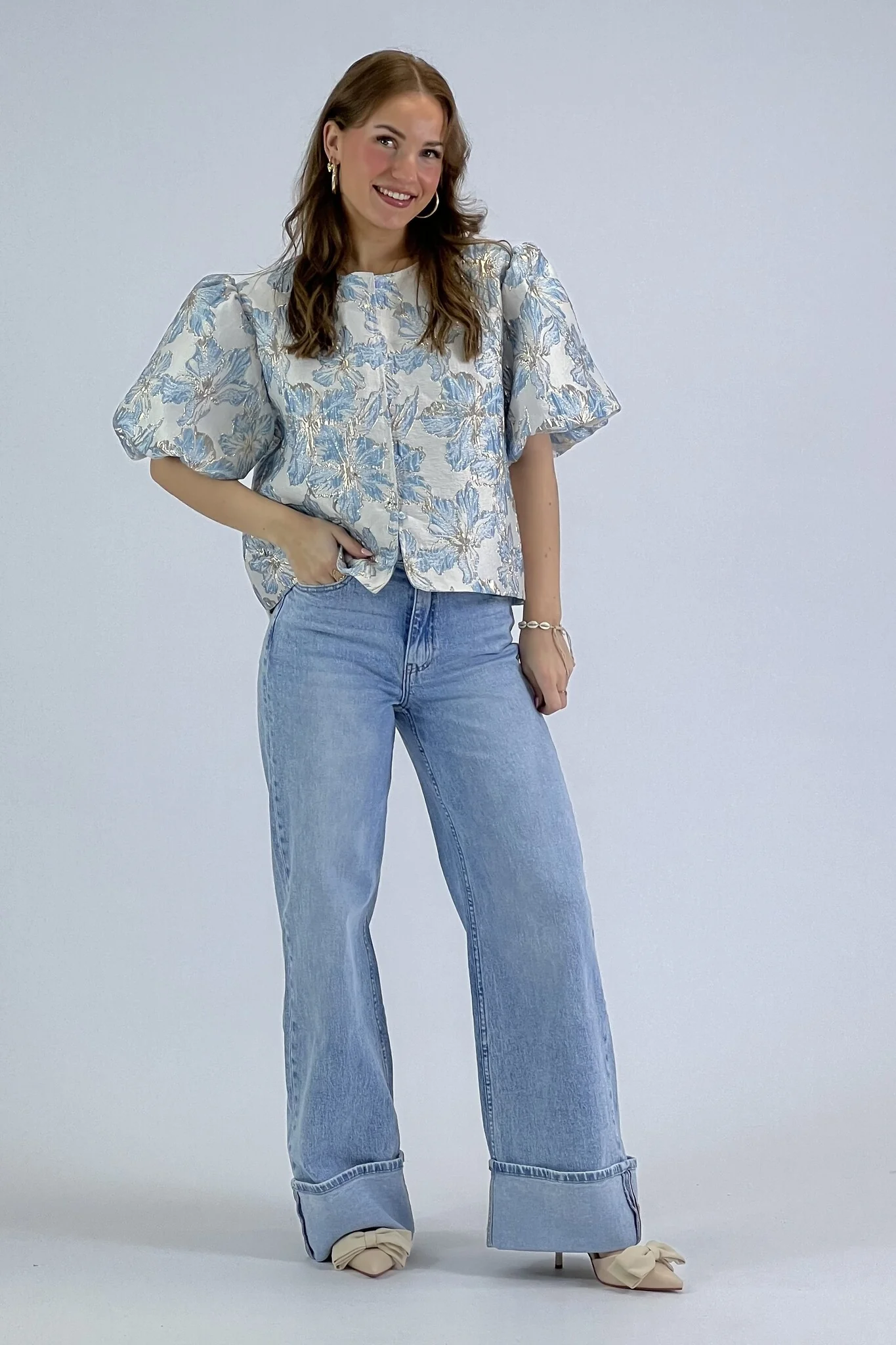 Flower Balloon Sleeve Blouse - Blue - Image 3