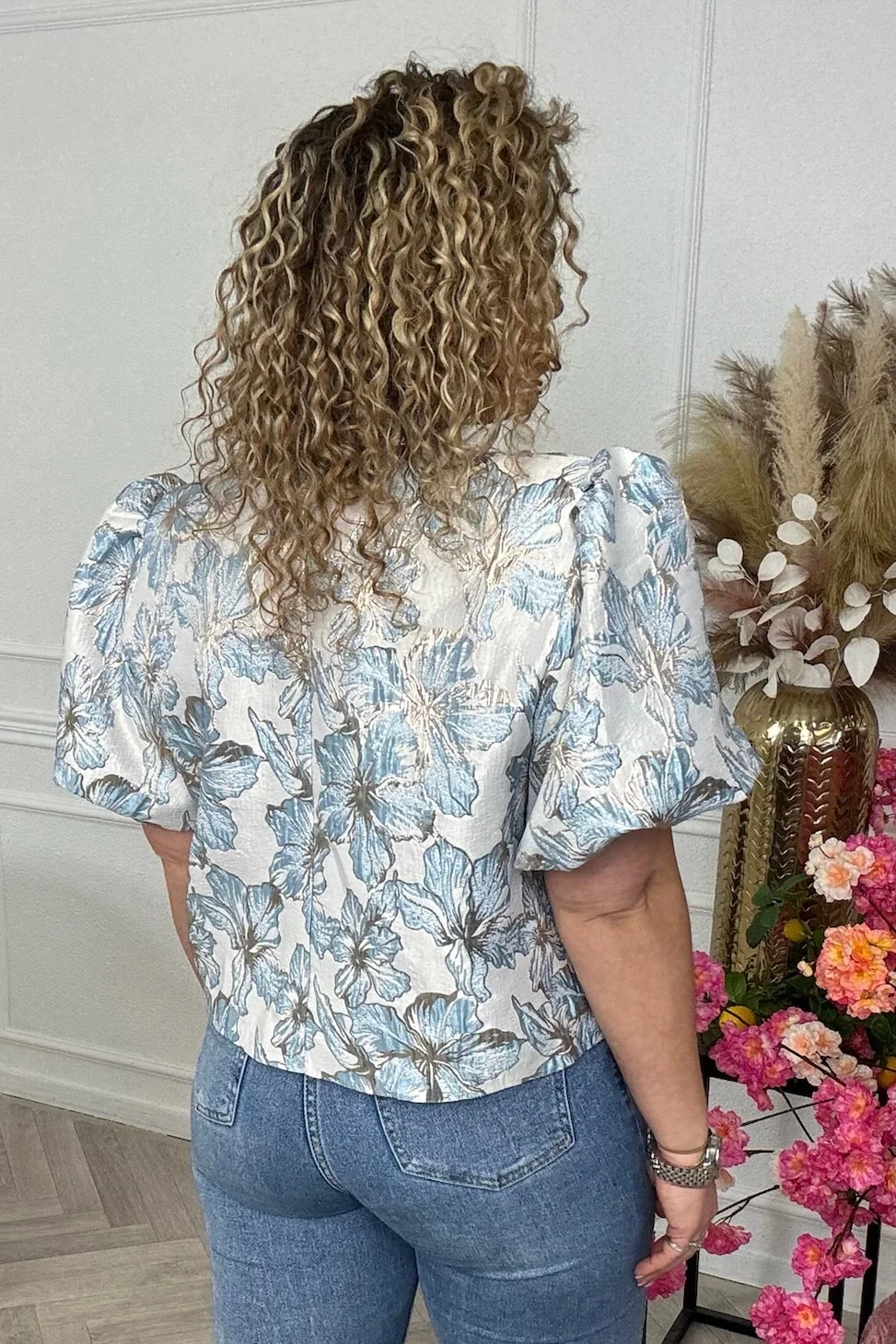 Flower Balloon Sleeve Blouse - Blue - Image 4