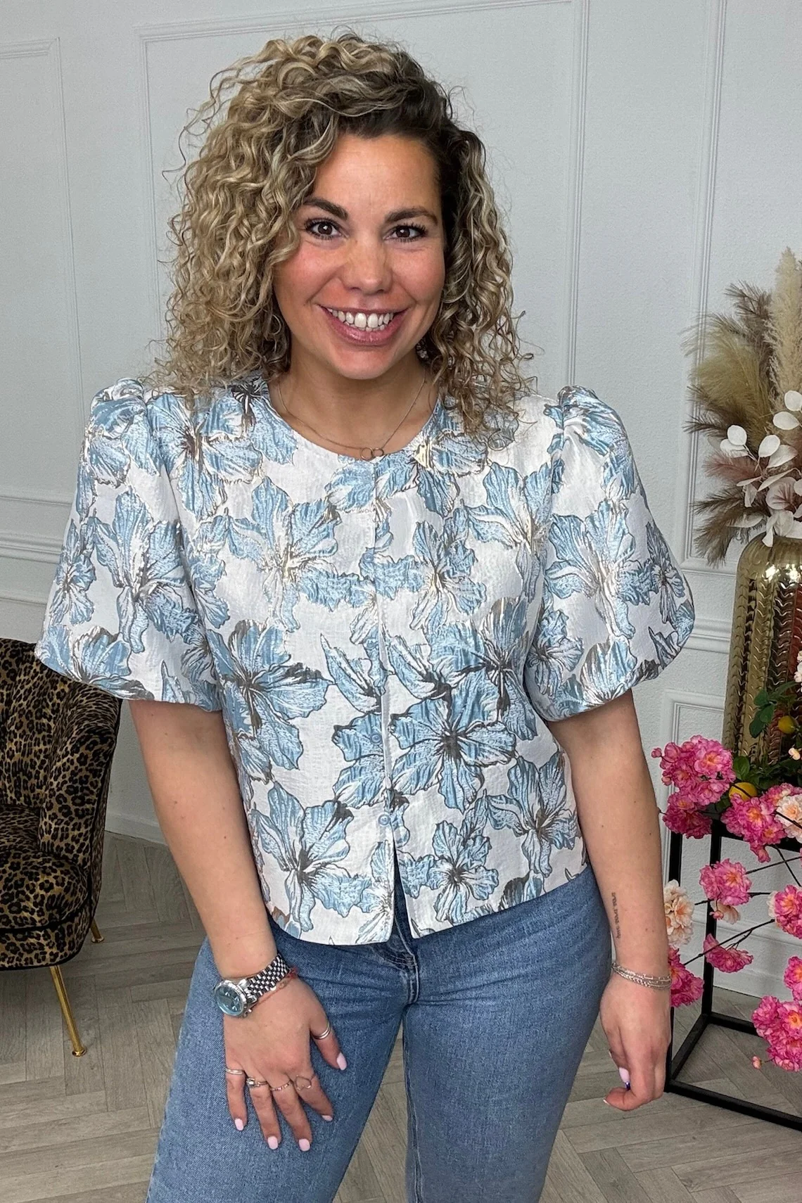 Flower Balloon Sleeve Blouse - Blue - Image 5