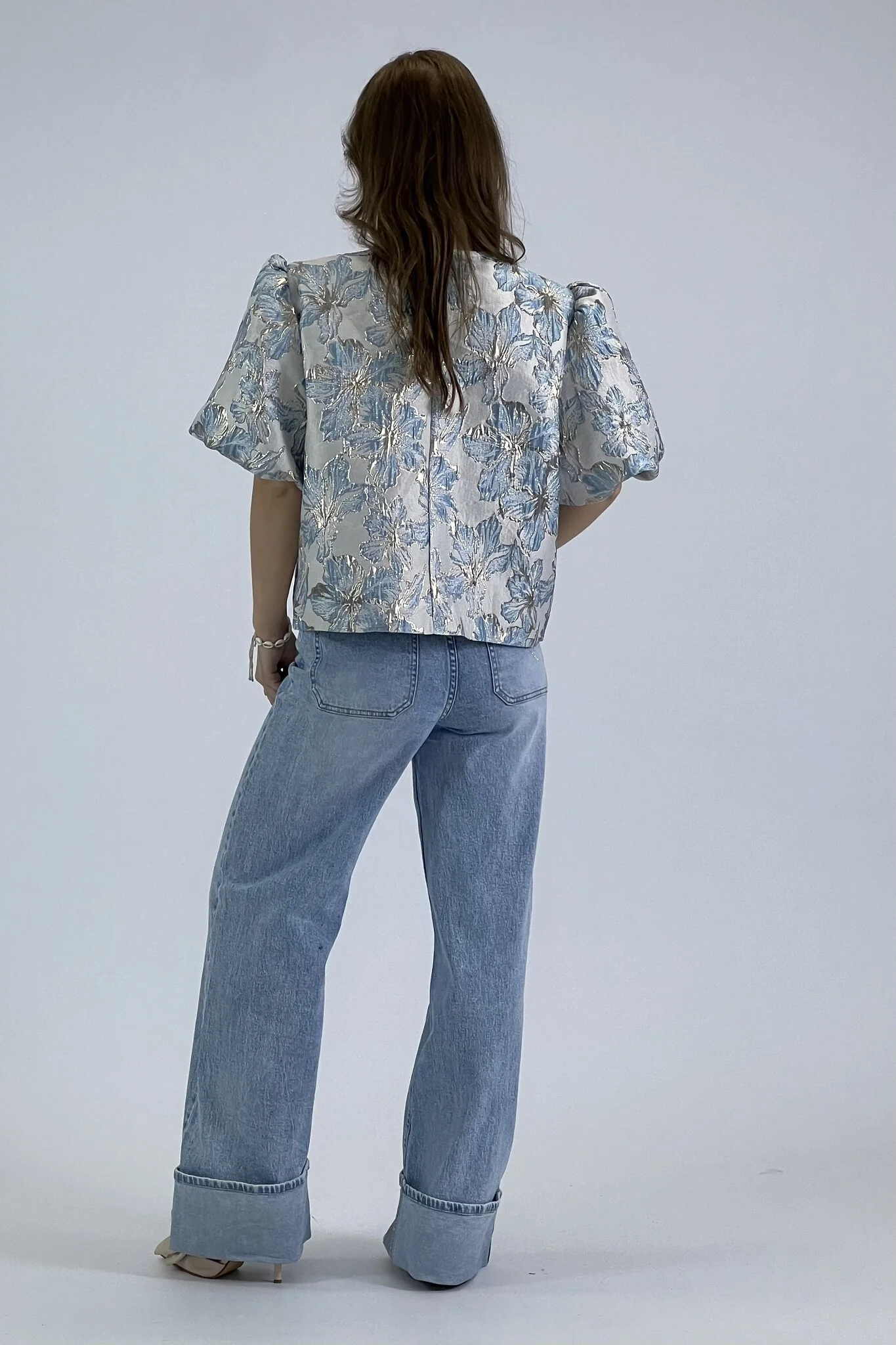 Flower Balloon Sleeve Blouse - Blue - Image 6