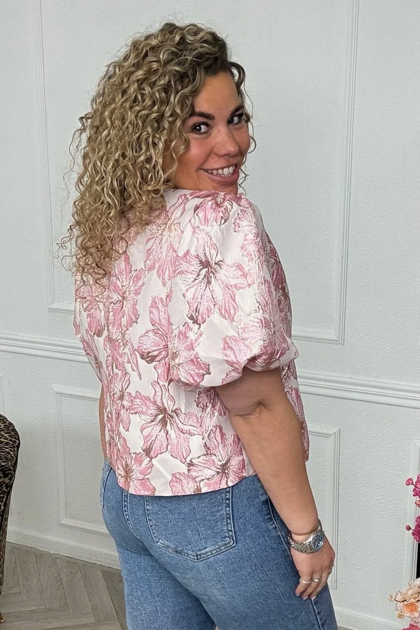 Flower Balloon Sleeve Blouse - Pink - Image 3