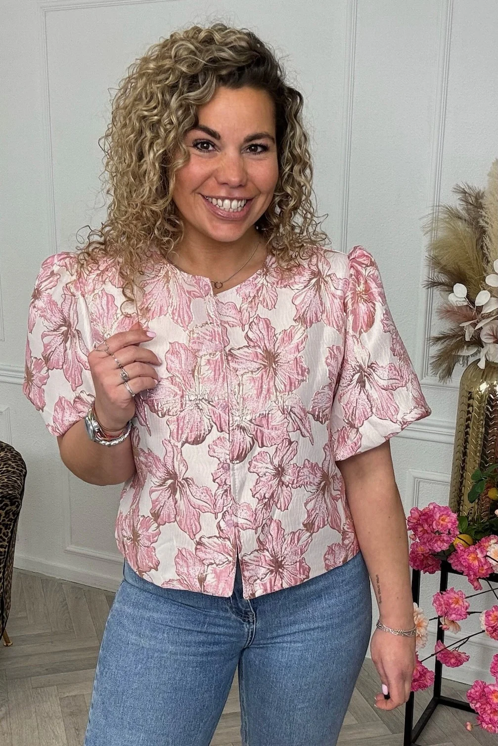 Flower Balloon Sleeve Blouse - Pink - Image 4