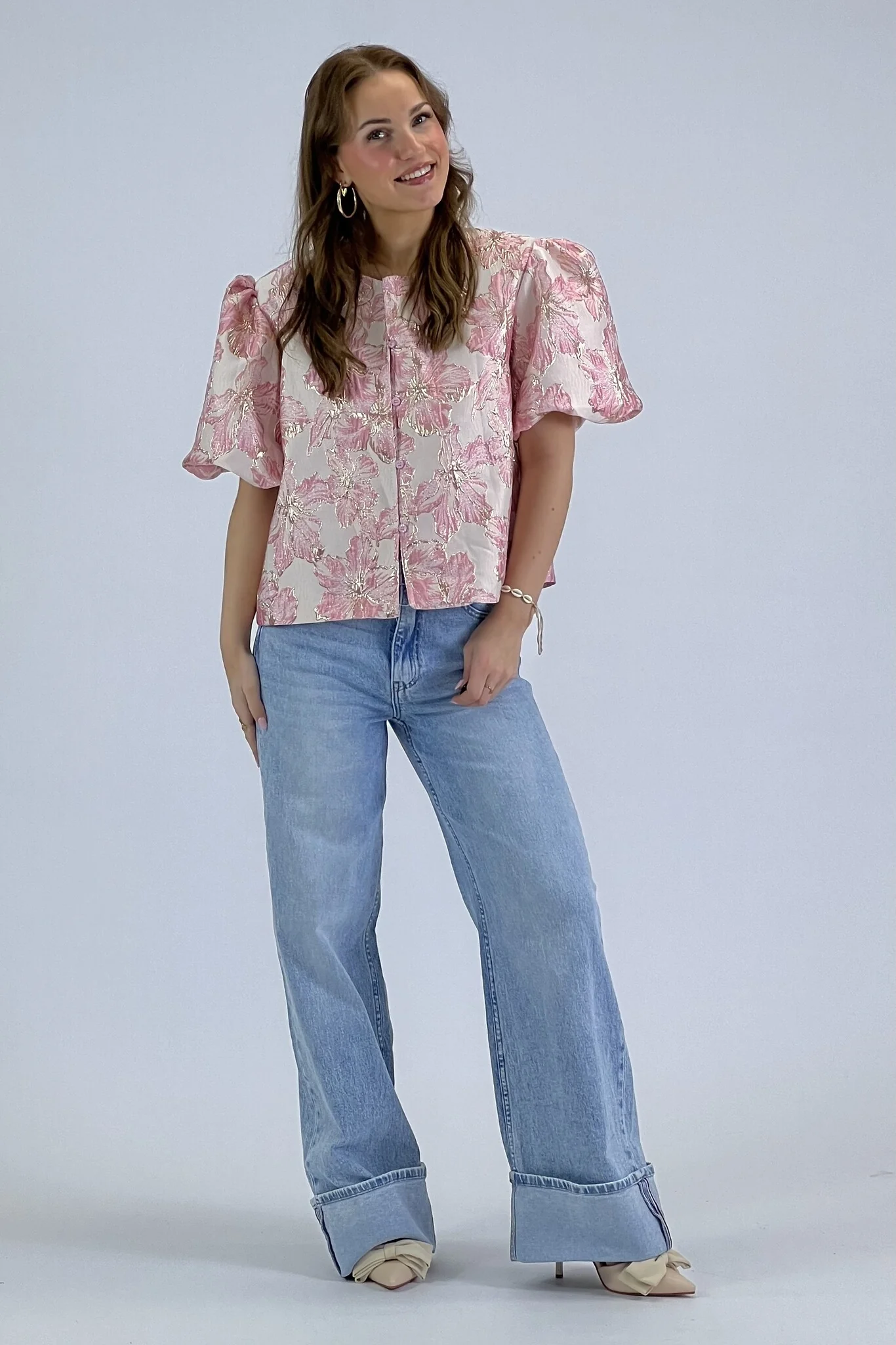 Flower Balloon Sleeve Blouse - Pink - Image 5