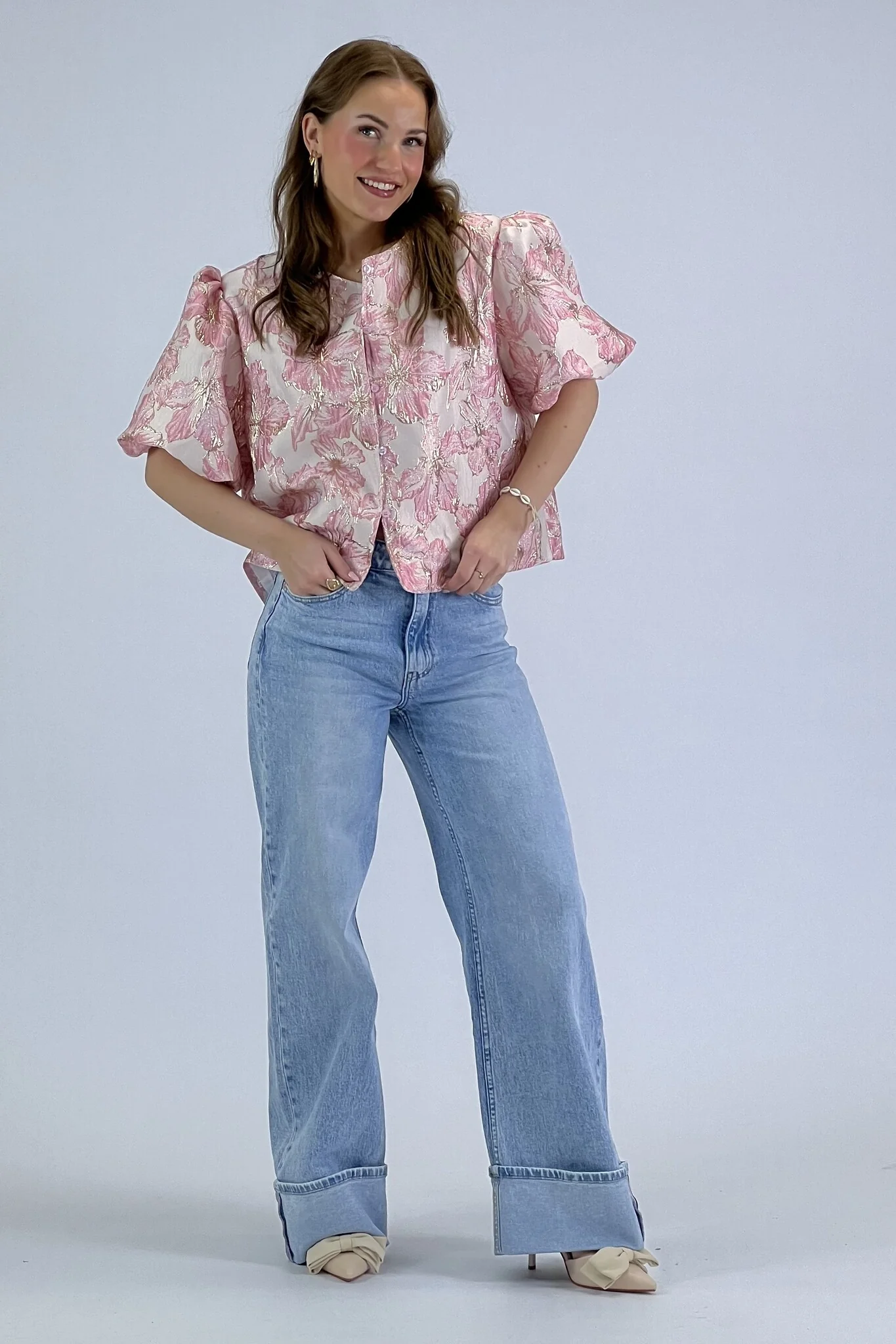 Flower Balloon Sleeve Blouse - Pink - Image 7