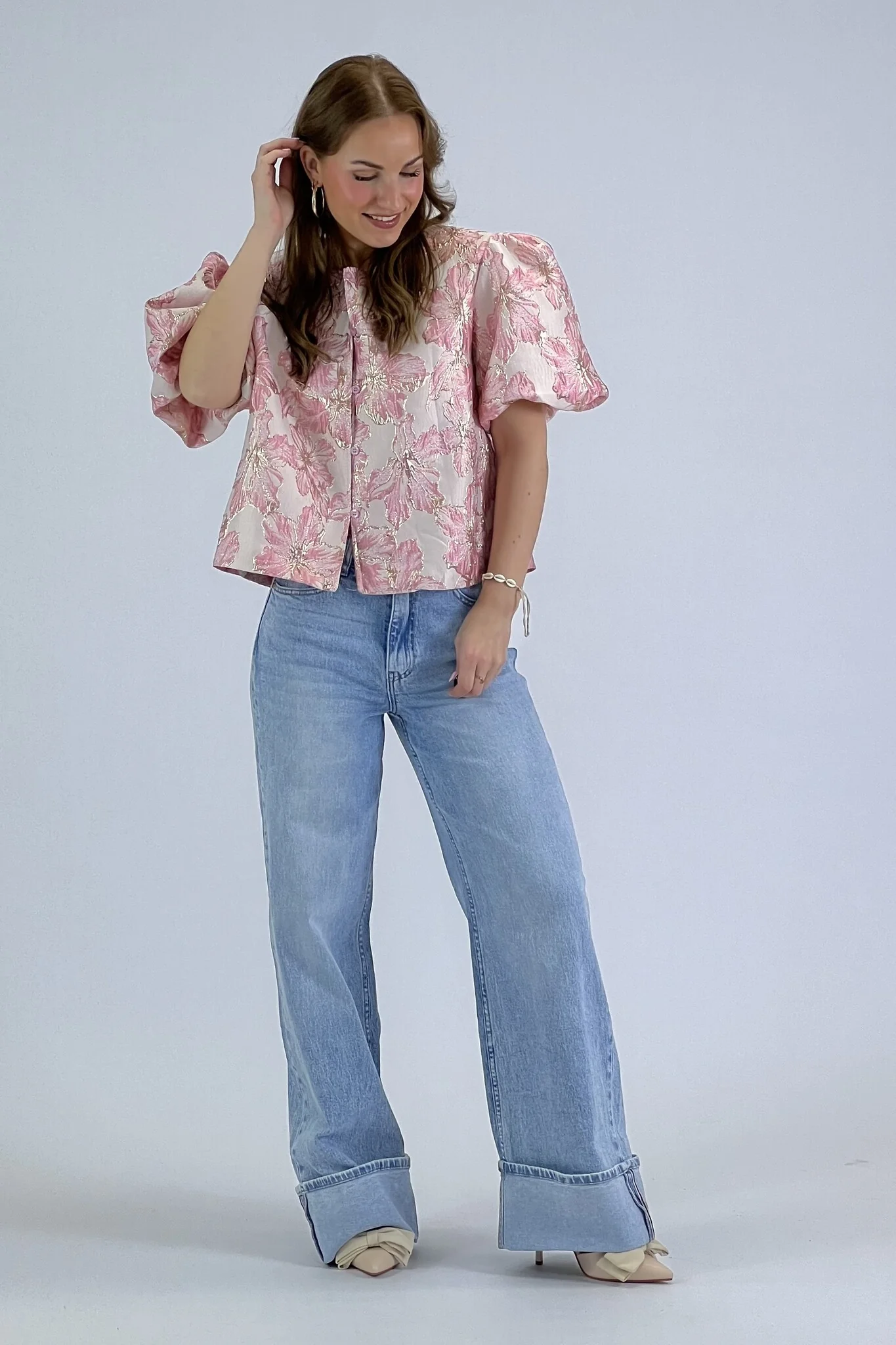 Flower Balloon Sleeve Blouse - Pink - Image 8