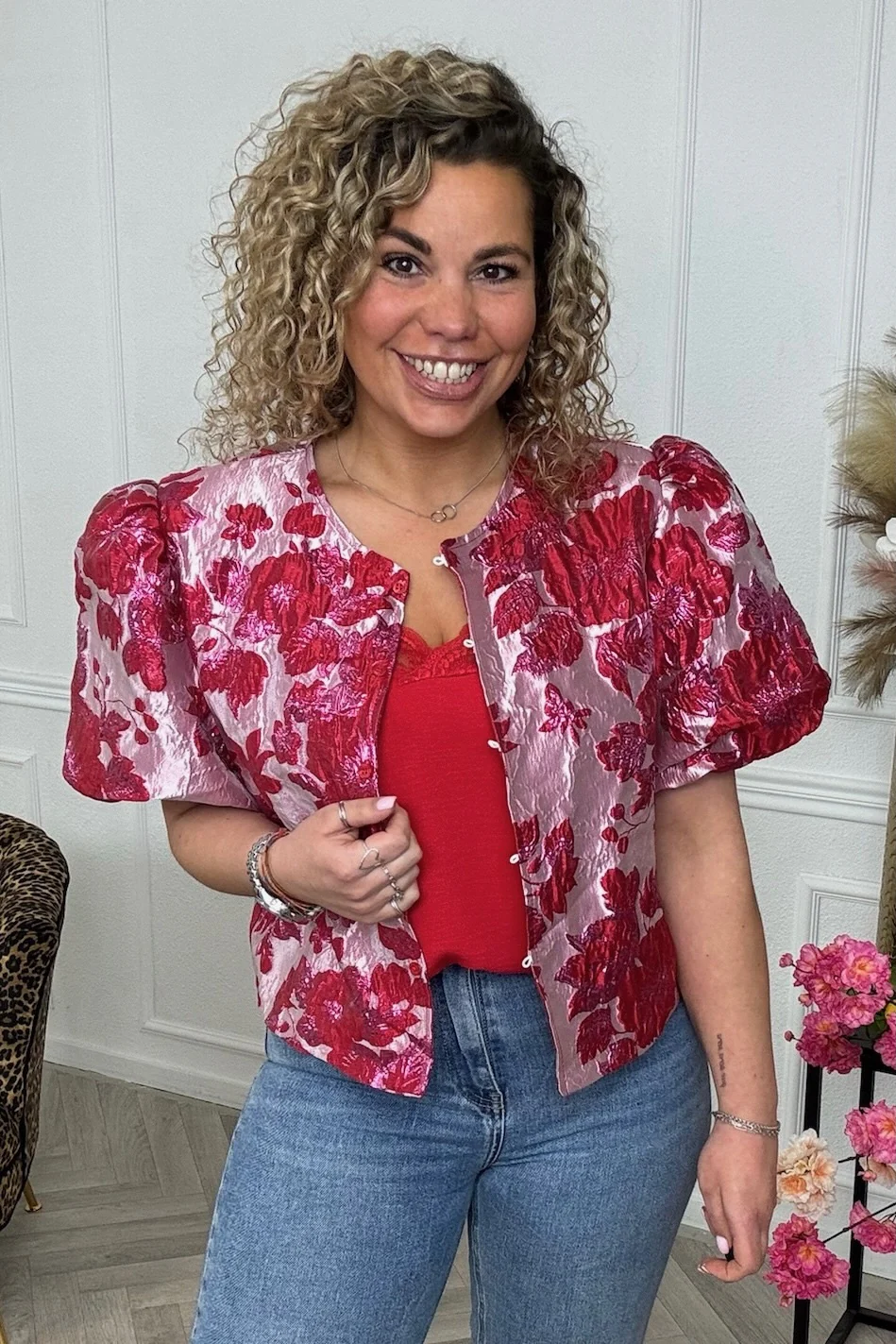 Flower Balloon Sleeve Blouse - Red - Image 3