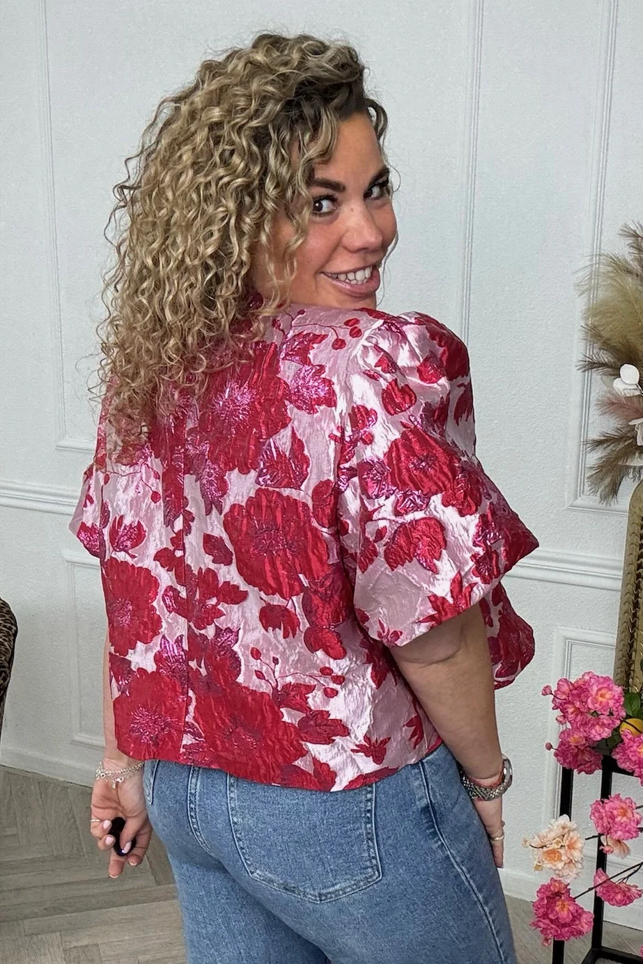 Flower Balloon Sleeve Blouse - Red - Image 4