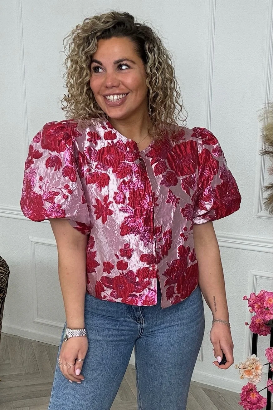 Flower Balloon Sleeve Blouse - Red - Image 5