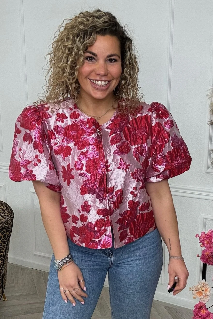 Flower Balloon Sleeve Blouse - Red - Image 6