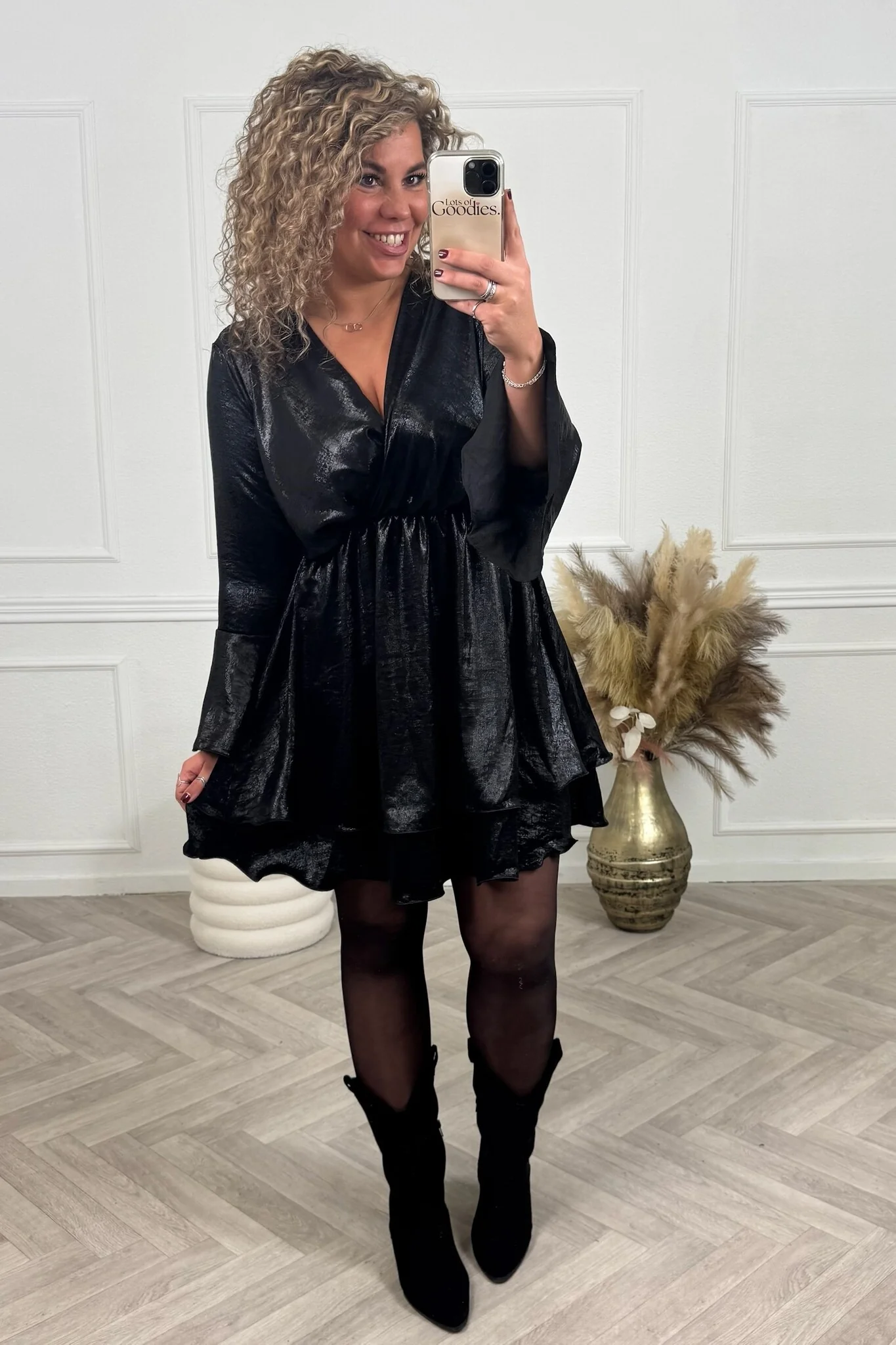 Shiny Ruffle Dress - Black - Image 3