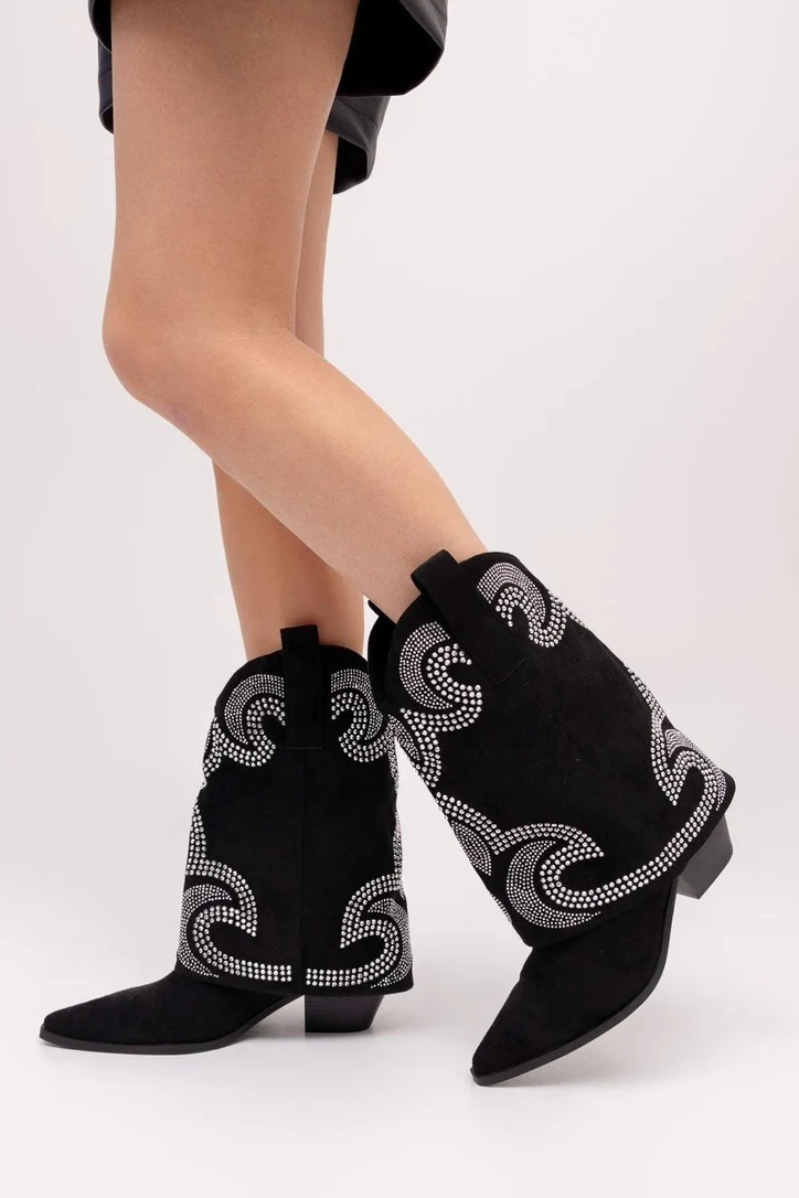 Studded Cowboy Boots - Black/Silver - Image 4